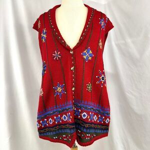 NAPA VALLEY Vintage 90s Red Embroidered Knit Sweater Vest Plus 2x Cottage Floral
